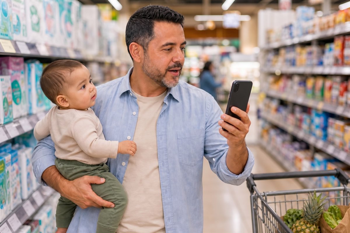 Homem segurando um bebê com segurança enquanto usa o comando de voz do mi lista no supermercado.